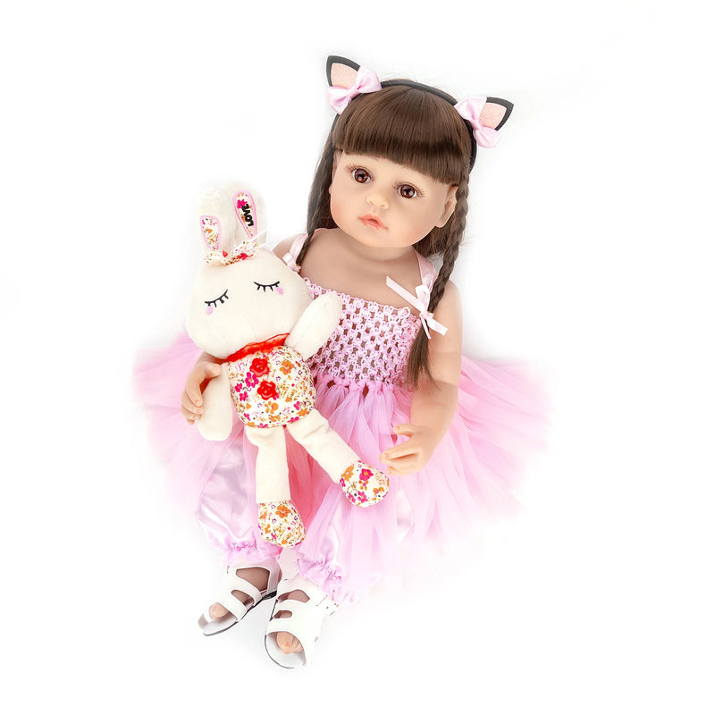 👶 Doll Bebê Reborn 55cm com Corpo de Silicone e Coelho 🐰