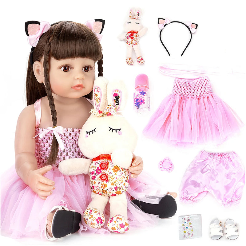 👶 Doll Bebê Reborn 55cm com Corpo de Silicone e Coelho 🐰